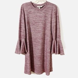 Speechless Knit Striped Dress Bell Sleeves at Cuffs Crewneck Burgundy White